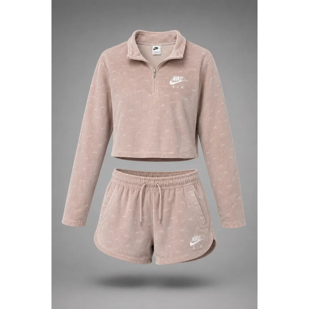 Nike Air Velour 2 Piece Set Pink Quarter Zip Crop Top XXL & Shorts XL DD5443-601